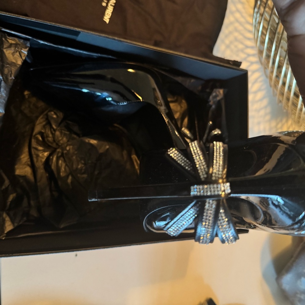 Saint Lauren Black Patent Stiletto Heels with Swarovski Bow Accent - Picture 5 of 9